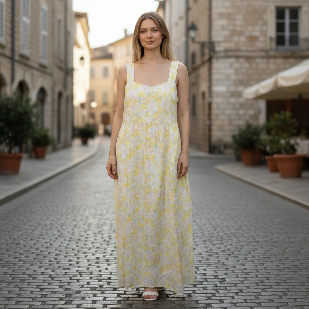 The Nines Hatch Womens L Yellow Floral Cotton Maxi Dress Cottage Boho Garden